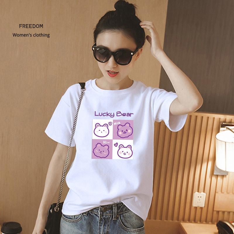 freedom  Pure Cotton Tay ngắn 2021 Phong cách mới Áo phông trắng dành cho nữ Mùa hè rời Hàn Quốc In trên thân hợp thời t