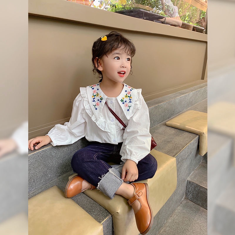 Áo sơ mi trắng dài tay rộng cổ thêu hoa cho bé gái  N00922 & N01249