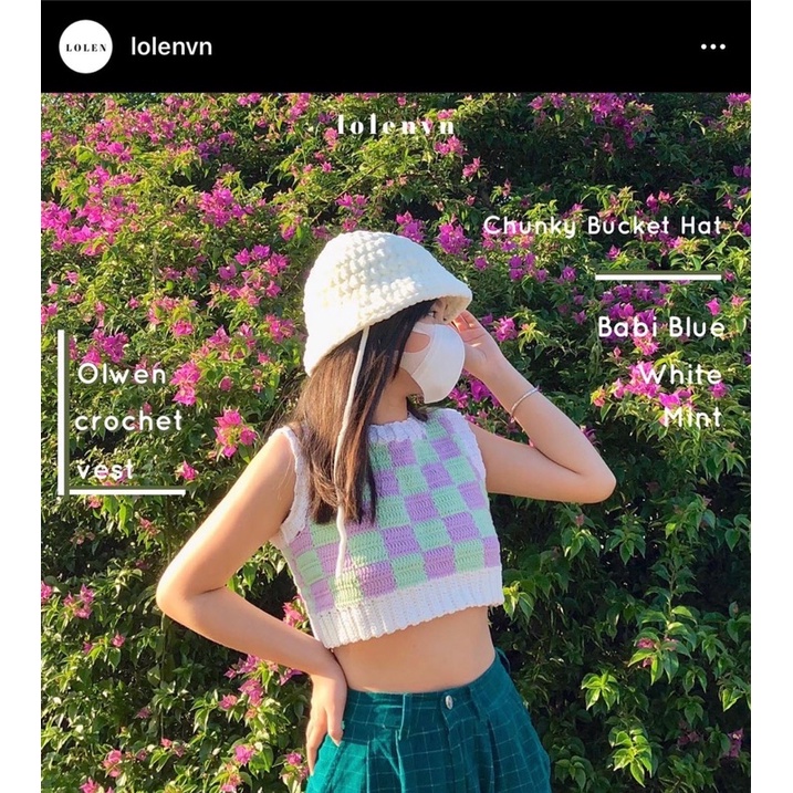 áo vest crochet handmade gile croptop phối mix màu tím xanh trắng sọc caro ô kẻ vuông hoạ tiết bàn cờ