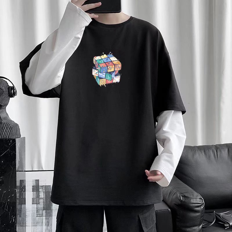 Áo Sweater Cổ Tròn Giả Hai Lớp Form Rộng In Họa Tiết Thời Trang Xu Hướng Hàn Quốc