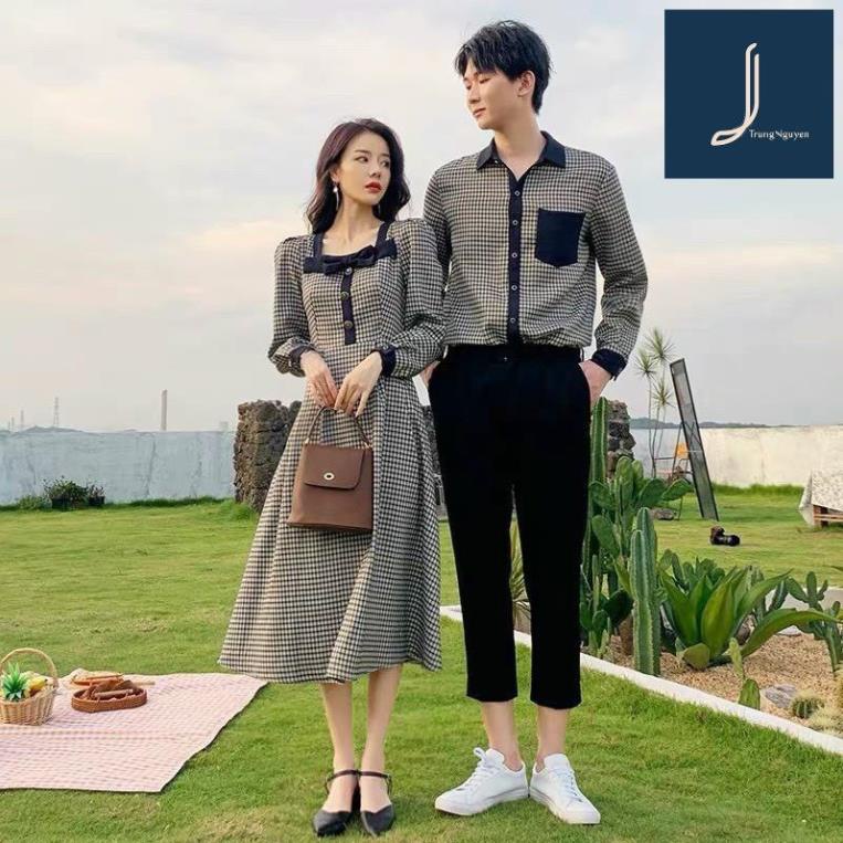 ÁO ĐÔI Set áo váy sơ mi đôi caro nam nữ màu đen cao cấp chất đẹp couple VSM AV37