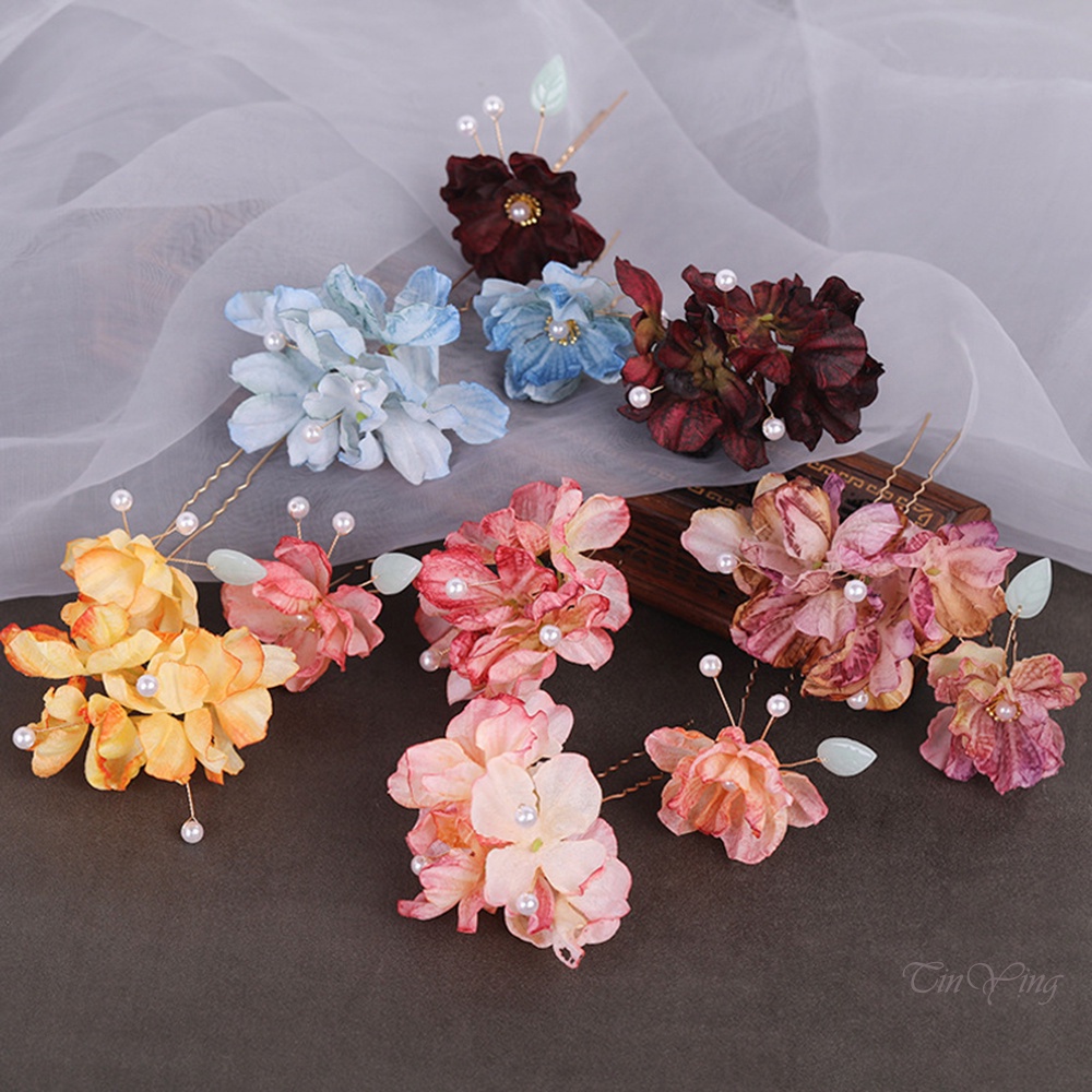GETNOIVAS Kẹp Tóc Chữ U Bằng Lụa Hình Hoa Đính Ngọc Trai Màu Sắc Thời Trang Trung Hoa