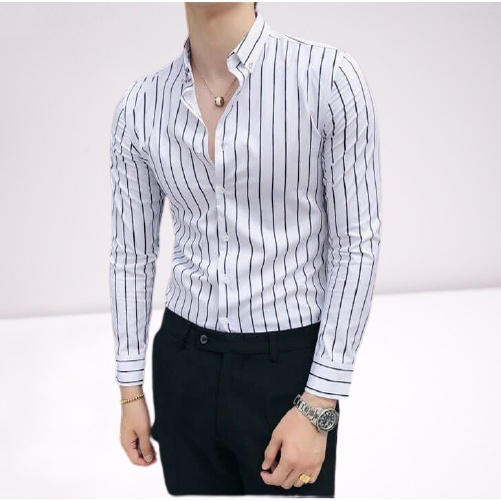 Áo sơ mi nam kẻ sọc cao cấp  màu trắng đen ôm body slimfit siêu đẹp chất vải không nhăn không xù AAK1 | BigBuy360 - bigbuy360.vn