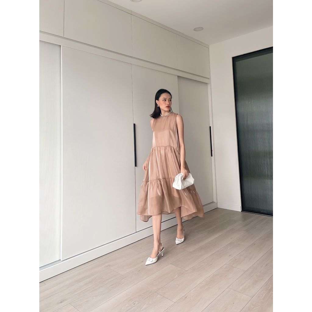 Đầm maxi suông dáng dài thiết kế tầng sang chảnh cao cấp lụa organza vàng/ cafe Joven | BigBuy360 - bigbuy360.vn