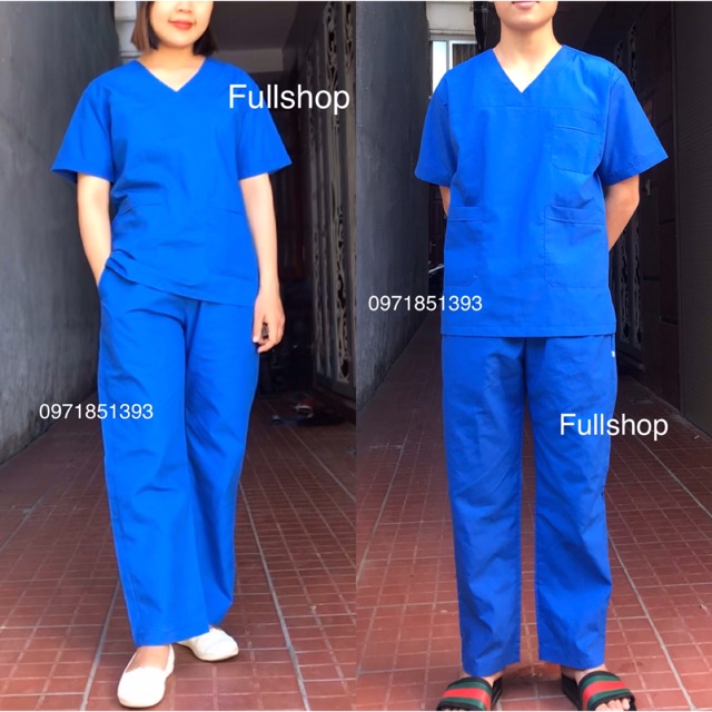 Bộ scrubs quần áo blouse cổ tim nam nữ màu xanh dương đậm - bộ đồng phục cổ tim bác sĩ, thẩm mỹ viện, spa