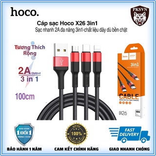 Cáp Sạc 3 Đầu Hoco X26 Cho ip/Micro USB/Type C-Dây Sạc Đa Năng Dây Dù Chống Đứt Dài 1M-Bảo Hành 12T