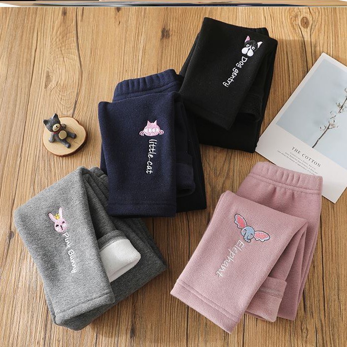 Quần legging cho bé gái nỉ lót lông mặc thu đông, co dãn, mềm mịn dễ thương size đại 6-40kg - Thêu Thú