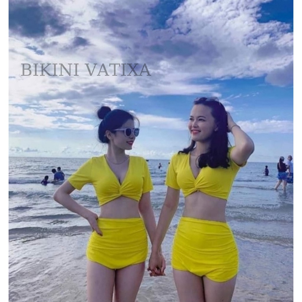 Bikini, Đồ Bơi Đi Biển Hai Mảnh Xoắn Ngực Nhiều Màu, Quần Đùi Cạp Cao Áo Crop VATIXA BKN12