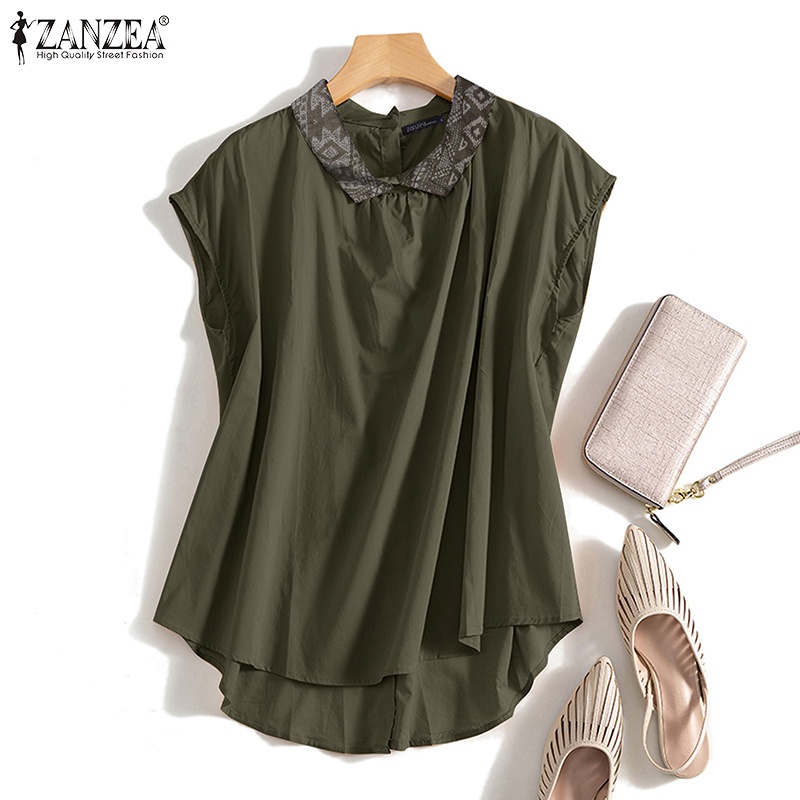Áo kiểu Zanzea tay ngắn cổ bẻ cài nút sau phong cách vintage thời trang dành cho nữ