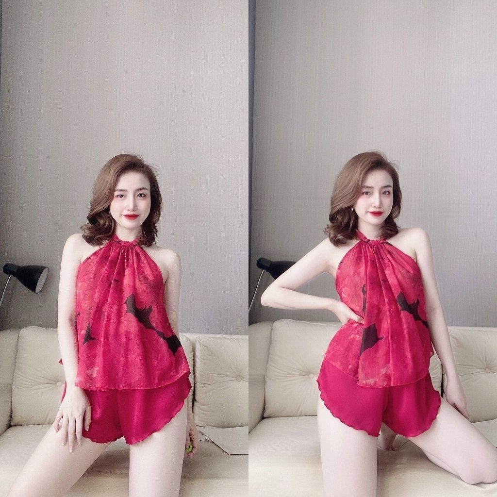 Đồ ngủ nữ sexy đồ bộ mặc nhà quần đùi cổ yếm chất luạ satin phối voan chiffon cao cấp