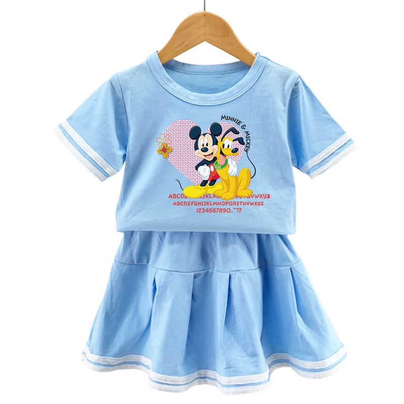 Bộ 2 Món Áo Thun 100% Cotton + Chân Váy Xếp Ly Họa Tiết Chuột Mickey Minnie Dễ Thương Cho Bé Gái 2022