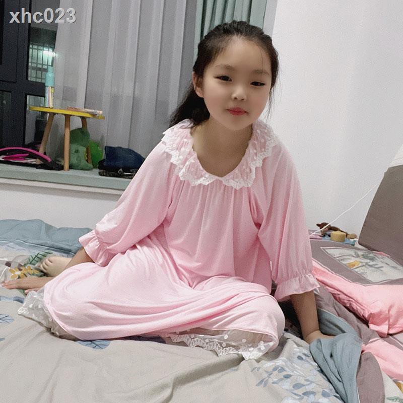 ▧Đầm Ngủ Lụa Dài Tay Phối Ren Xinh Xắn Theo Phong Cách Xuân Thu Dành Cho Bé Gái
