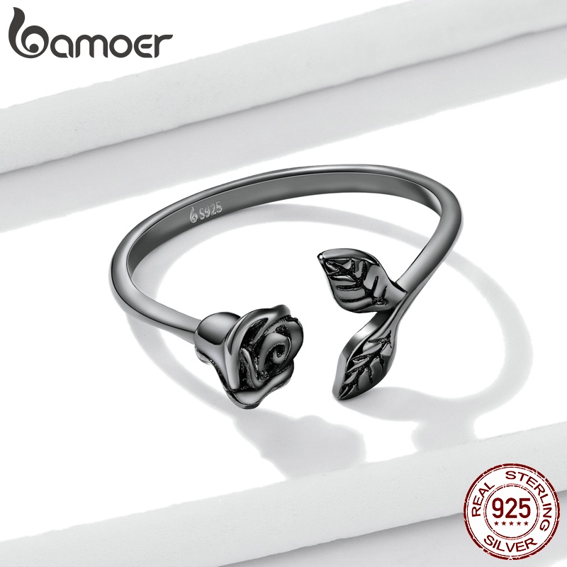 Nhẫn hở BAMOER BSR239 Bạc 925 hình hoa hồng đen