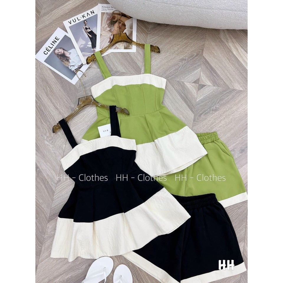 Sét bộ đồ nữ áo hai dây kèm quần đùi phối trắng