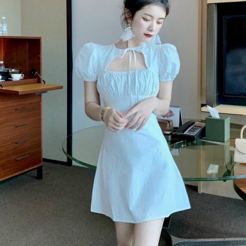 Đầm đũi tay phồng nhún ngực xinh xắn trẻ trung