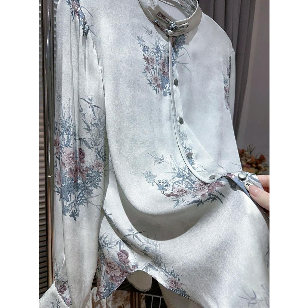 Áo Sơ Mi Lụa In Họa Tiết Mực Sáng Cổ Đứng Cài Nút Kiểu Trung Hoa Retro 2023 Cho Nữ