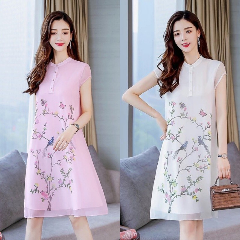 ĐẦM SUÔNG CỔ TRỤ IN HOA BƯỚM