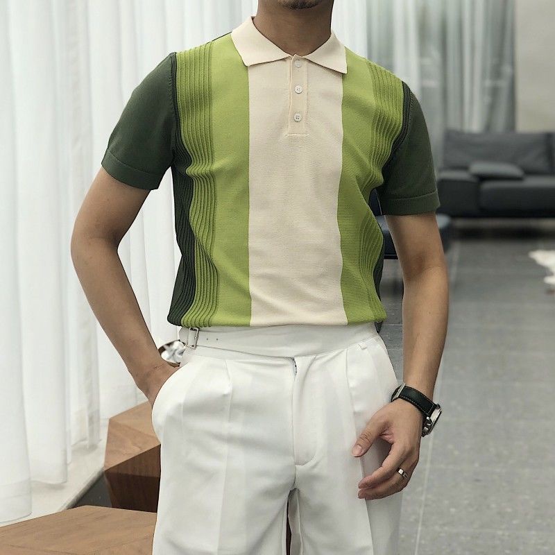 Áo polo Dệt Kim Ngắn Tay Màu Sắc Tương Phản Phong Cách Nhật Bản Thời Trang Mùa Hè Dành Cho Nam s 2022