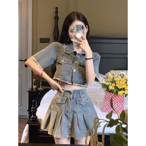 HÀNG CÓ SẴN Set Đồ Nữ Croptop Jeans Kèm Chân Váy Jeans Denim Style Hàn Quốc