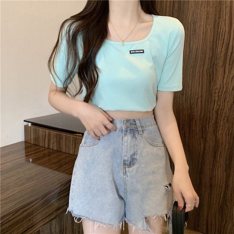 SUXI Áo Thun Tay Ngắn Cổ Vuông Màu Sắc Đơn Giản Cho Nữ