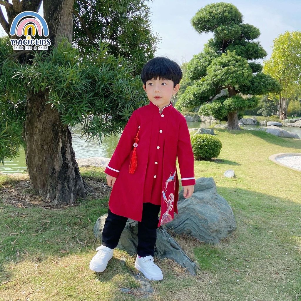 Áo dài Tết cho bé trai mẫu mới 2024 dáng cách tân cổ tàu thêu hạc size lớn từ 12-34kg Magickids Quần áo trẻ em AO21023