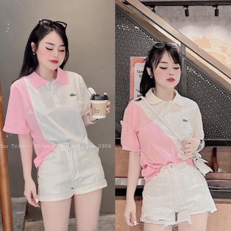 Áo Nữ Polo Phối Trắng Hồng Mặc Lên Siêu Xinh (Hàng Có Sẵn)