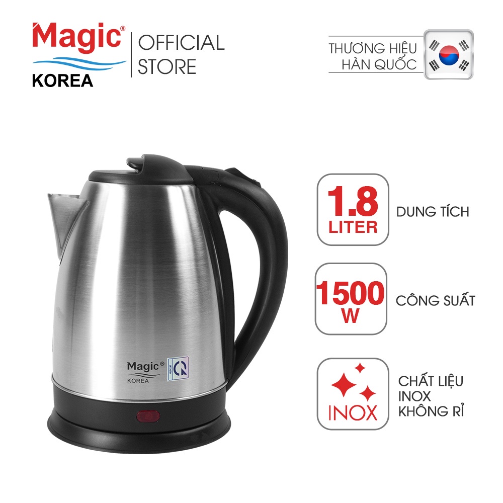 Ấm đun siêu tốc Magic Korea A-08 1.8L,chất liệu inox 304 độ bền cao,tay cầm bằng nhựa cách nhiệt,bảo hành chính hãng