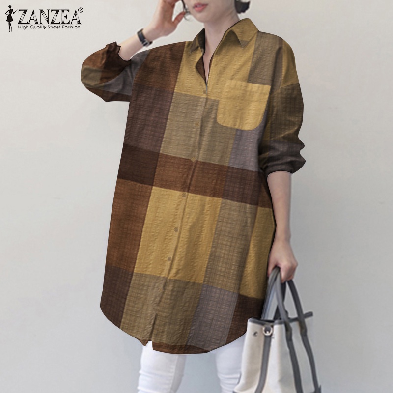 Áo sơ mi Zanzea tay dài dáng rộng cổ bẻ kẻ sọc caro trẻ trung hợp thời trang dành cho nữ