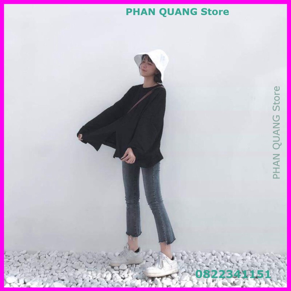 👗 ÁO THUN NỈ NỮ DÀI TAY XẺ VẠT ĐEN TRẮNG FORM RỘNG ULZZANG - (Sp sẵn) PQ-Shop