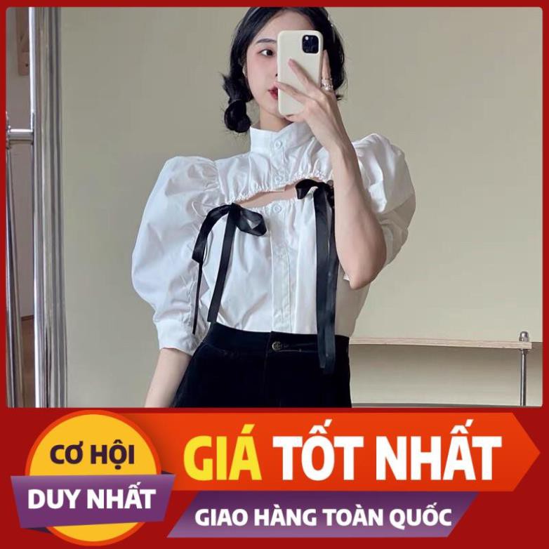 RẺ MẠT áo sơmi nữ kiểu tay phồng ngắn nơ hở nhún ngực cổ trụ quảng châu