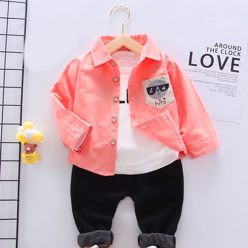 BEAR LEADER Bộ 3 Món Áo Sơ Mi In Chữ + Quần Dài Màu Trơn Thời Trang Mùa Thu Cho Bé Trai