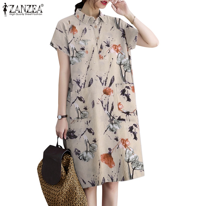 Đầm mini ZANZEA tay ngắn ve áo in hoa thời trang cổ điển giản dị cho nữ