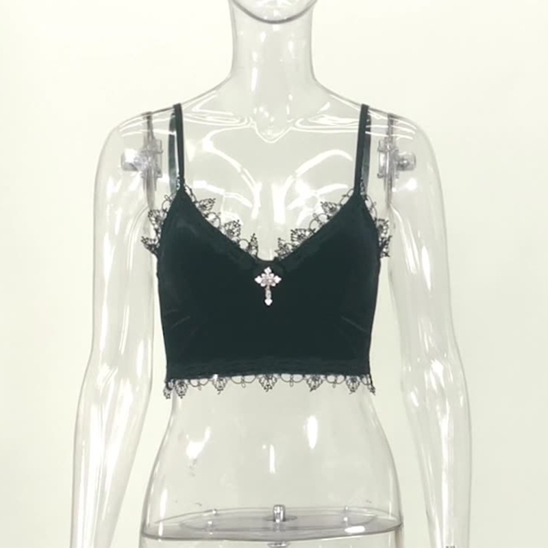 Áo Croptop Hai Dây Nhung Đen Cổ Chữ V Khoét Sâu Phối Ren Phong Cách Gothic Harajuku Gợi Cảm Cho Nữ