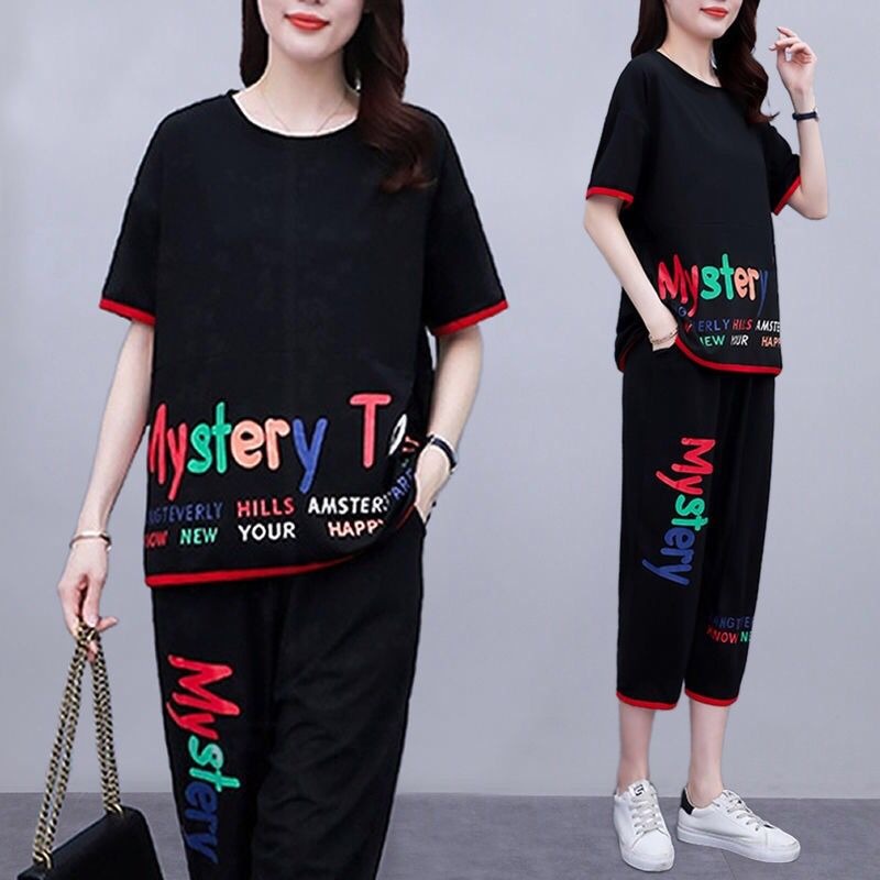 Set Đồ 2 Món Gồm Áo Tay Ngắn Và Quần Lửng Phong Cách Châu Âu Thời Trang Mùa Hè Thu Kích Thước Lớn L-5xl Dành Cho Nữ