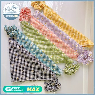 Khăn turban vải kẻ caro hoa cúc buộc tóc đội đầu quàng cổ xinh xắn
