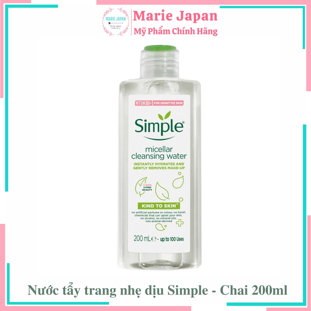 Nước tẩy trang  Simple Nhẹ Dịu Lành Tính Da Nhạy Cảm Micellar Cleansing Water 200ml | BigBuy360 - bigbuy360.vn