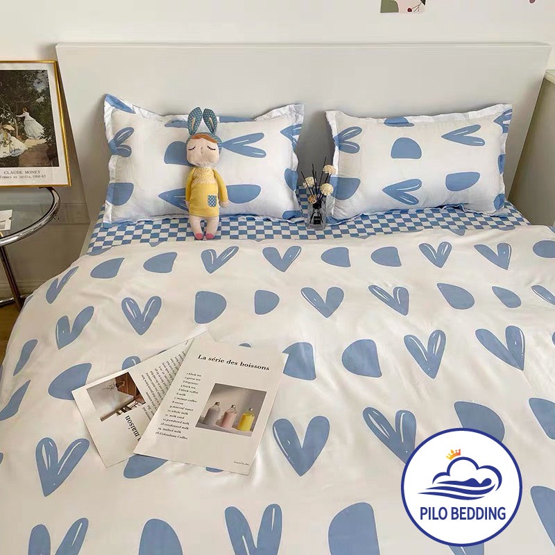 Bộ chăn ga gối Cotton Poly PILO BEDDING gồm vỏ chăn mền,drap ga giường và 2 vỏ gối nằm - PL Trái tim xanh