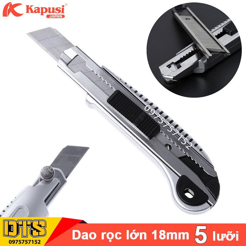 Dao rọc giấy lớn thay lưỡi liên tục Kapusi JAPAN, dao trổ 5 lưỡi 18mm thép SK5 siêu sắc, cắt giấy, rọc băng dính