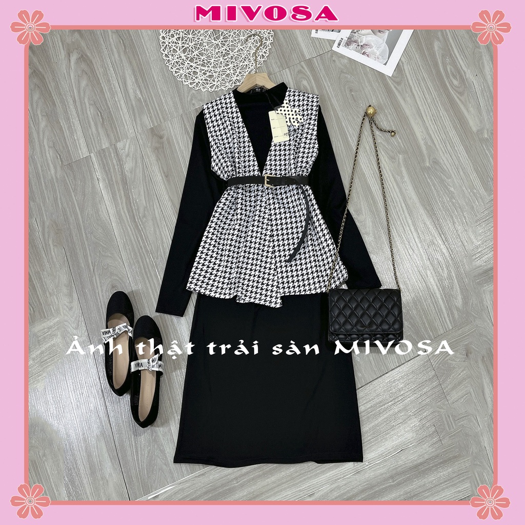Set váy len tăm cổ lọ mix áo gile sơ mi nữ cổ V kèm thắt lưng đầm suông nữ MIVOSA SV008 | BigBuy360 - bigbuy360.vn