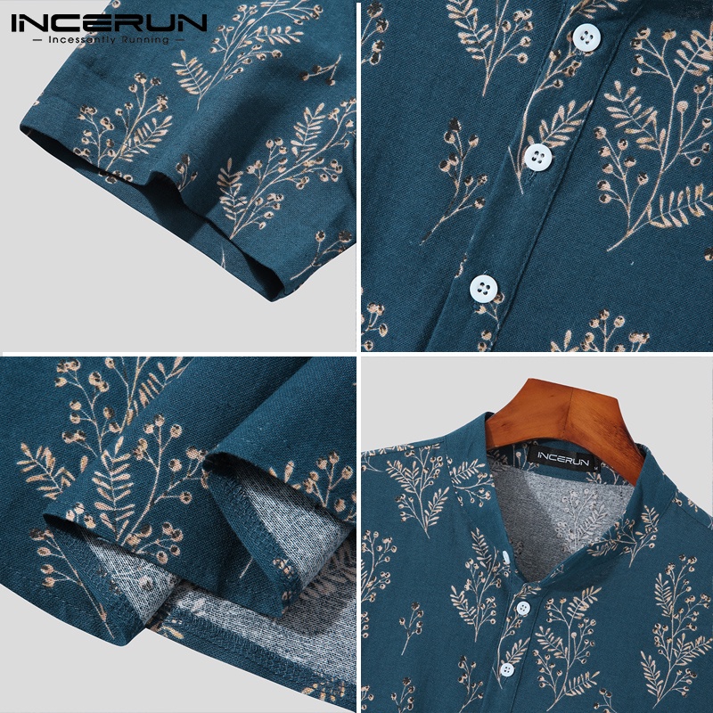 Áo kiểu INCERUN tay ngắn cotton in họa tiết phong cách vintage cá tính thời trang cho nam
