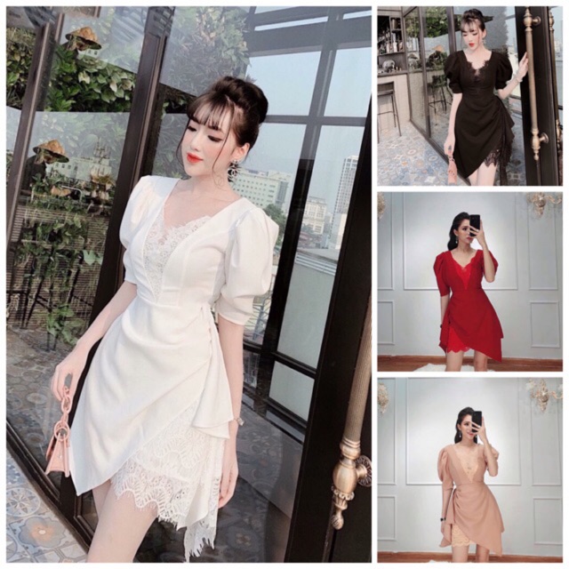 Đầm lệch tà phối ren tay phồng - Kèm hình thật