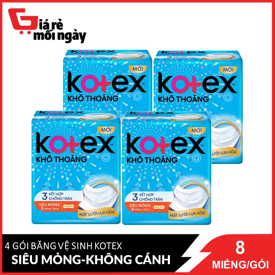 Combo 4 Băng Vệ Sinh Kotex Khô Thoáng 23cm Siêu Mỏng Không Cánh 8 Miếngx4