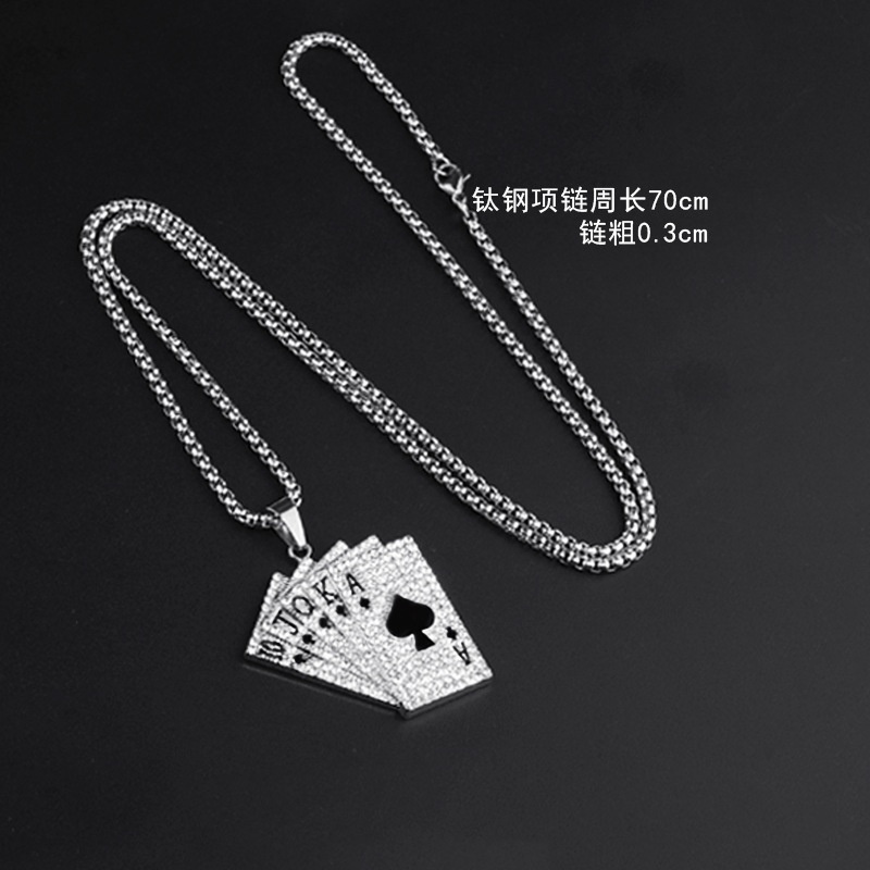 Dây chuyền mặt hình lá bài bằng thép titan đính đá giả kim cương phong cách hip hop cá tính thời trang cho nam và nữ
