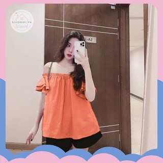 Set Áo Trễ Vai Cam Quần Tacta Bồng Vải Kate Lụa