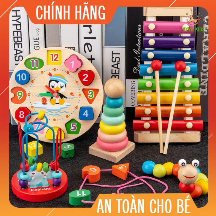 Combo 7 đồ chơi phát triển trí tuệ, Đồ chơi gỗ thông minh cho bé - giáo cụ Montessori đàn gỗ, thả hình khối VyVu Kids