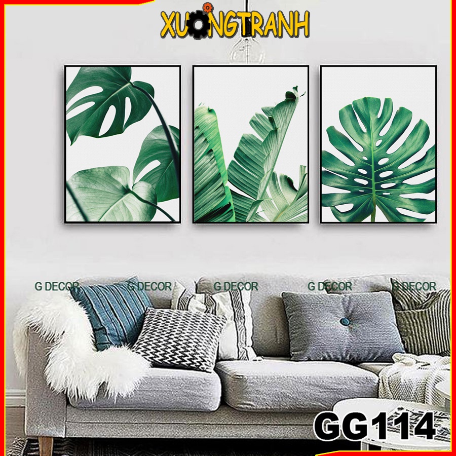 Tranh treo tường canvas 3 bức phong cách Bắc Âu 114, tranh lá trang trí phòng khách, phòng ngủ, phòng ăn