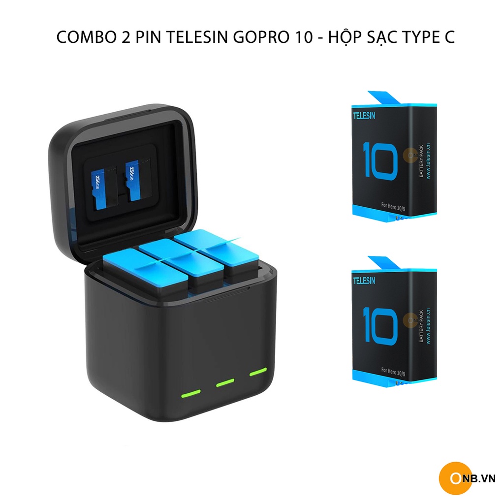 Gopro 10 - Combo 2 Pin Telesin và Hộp Sạc Type C