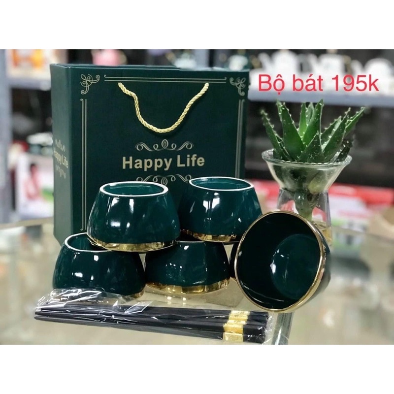 Bộ 6 Bát ăn cơm, chén ăn cơm sứ Viền Vàng hình trụ tặng kèm 6 đôi đũa - bát decor phong cách Hàn Quốc
