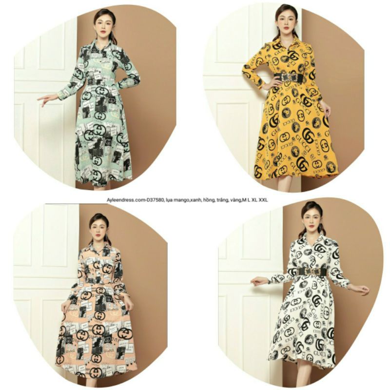 Đầm xoè họa tiết cổ sơ mi tay dài