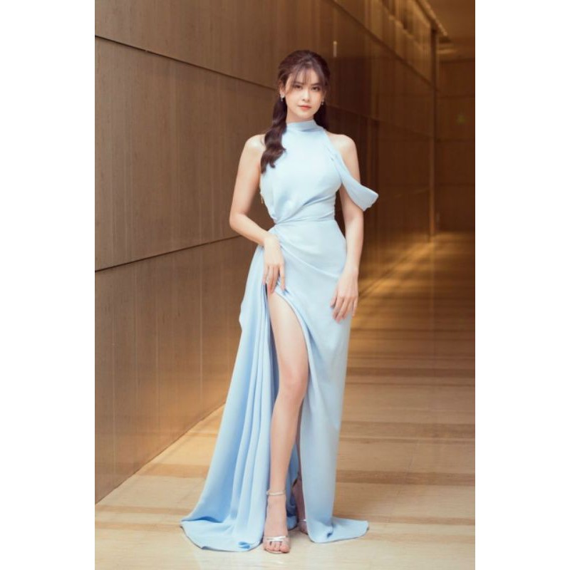 Đầm dạ hội cổ lọ rớt vai nhúng eo xẻ đùi